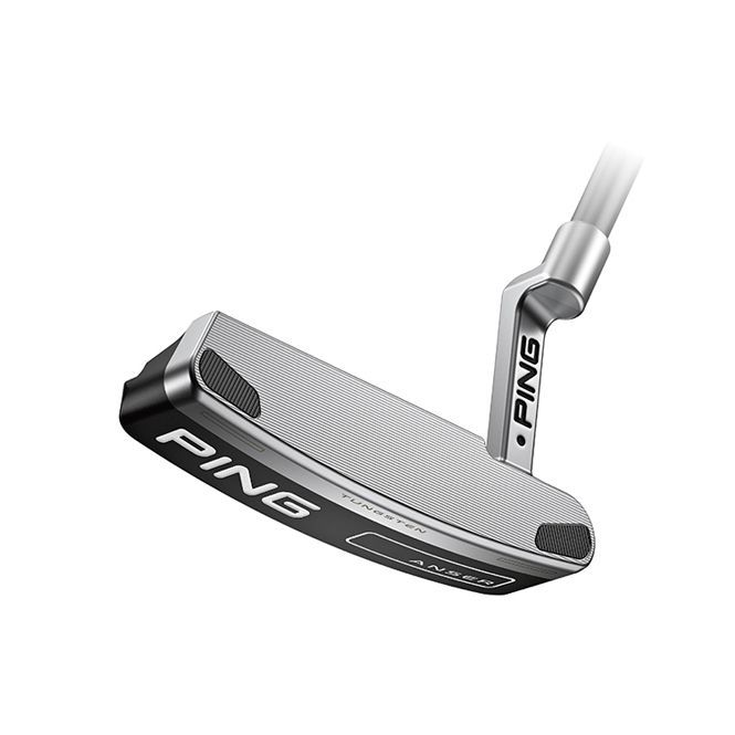 A close up of a ping putter on a white background.