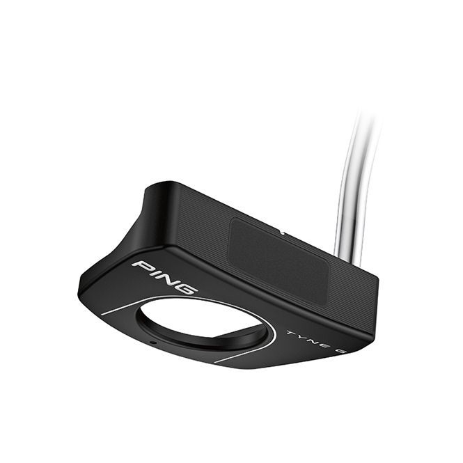 A black ping putter is sitting on a white surface.