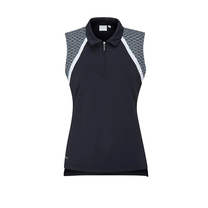 A black sleeveless polo shirt with a zipper on the front
