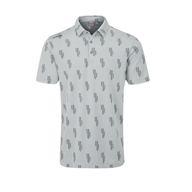 A white polo shirt with a pattern of cactus on it