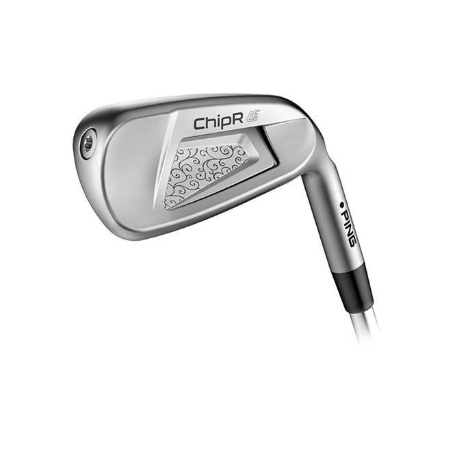 A close up of a golf club on a white background.