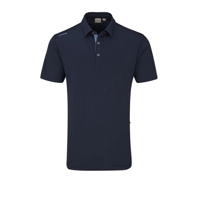 A blue polo shirt with short sleeves on a white background