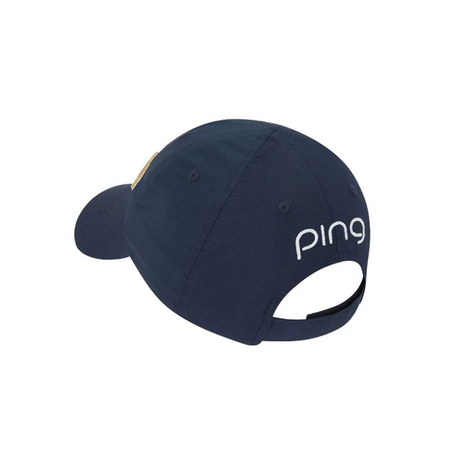 The back of a blue ping baseball cap