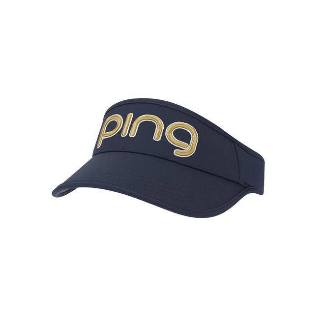 A blue visor with the word ping on it