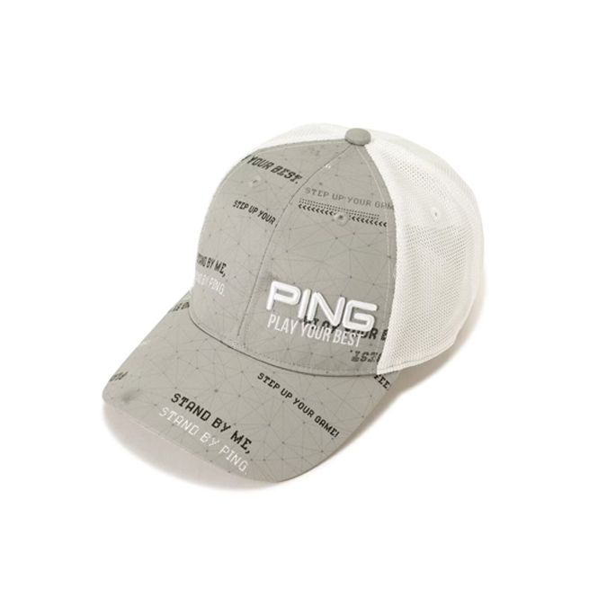 A grey and white baseball cap with the word ping on it