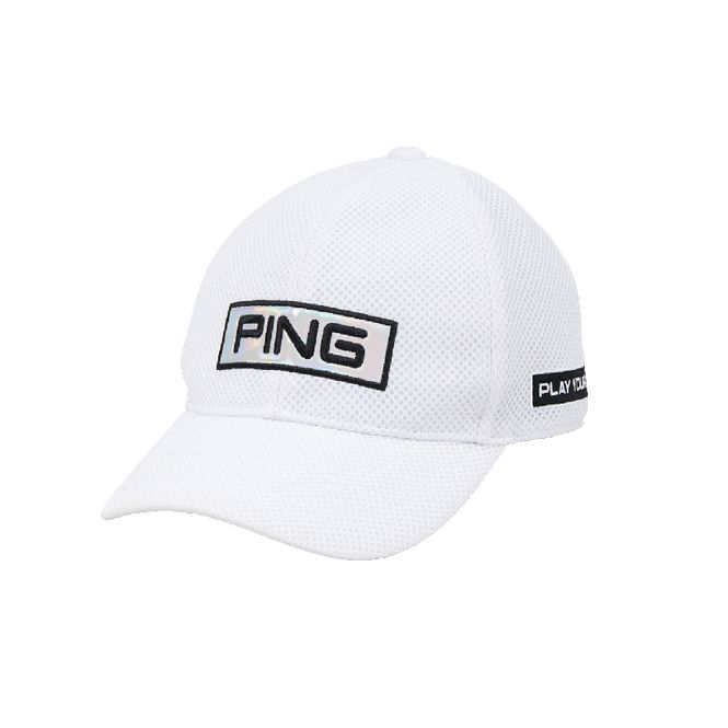 A white baseball cap with a black ping logo on it.