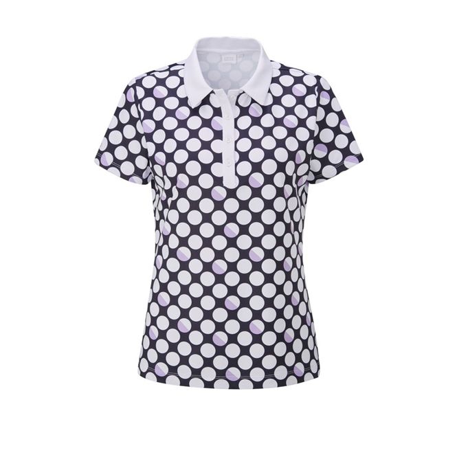 A black and white polo shirt with white polka dots on it