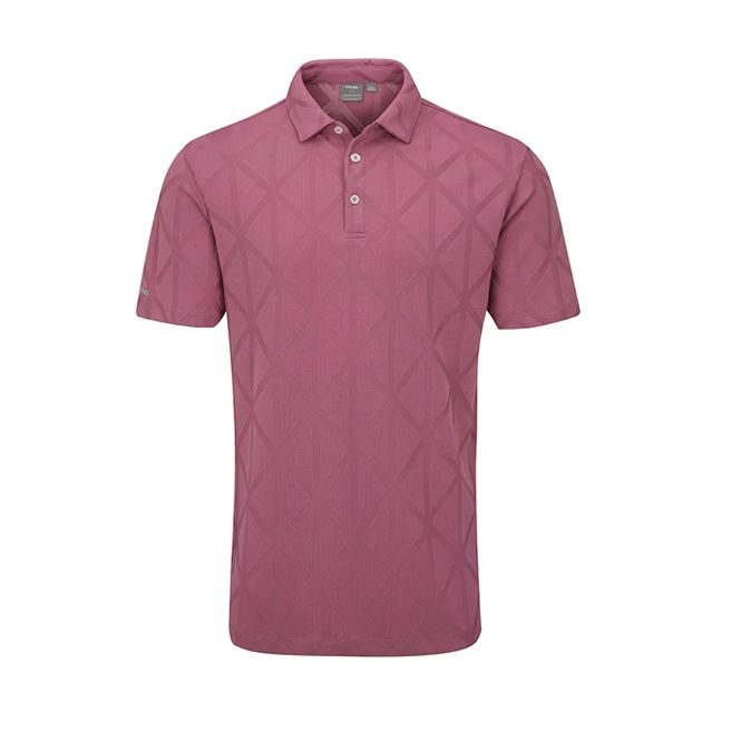 A pink polo shirt with a geometric pattern on it