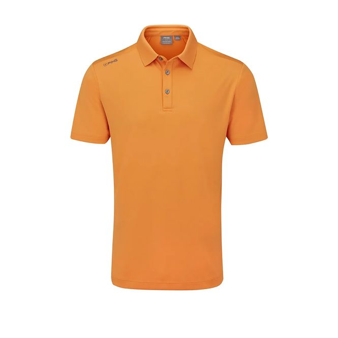 An orange polo shirt with short sleeves on a white background
