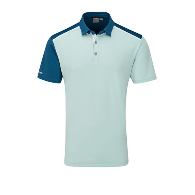 A light blue polo shirt with a blue collar and sleeves
