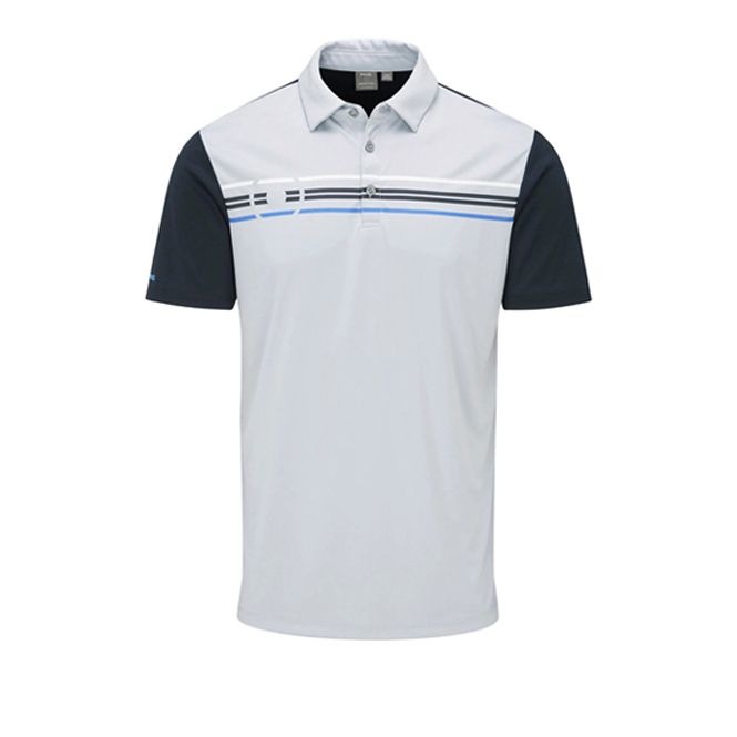 A white polo shirt with black and blue stripes on the sleeves