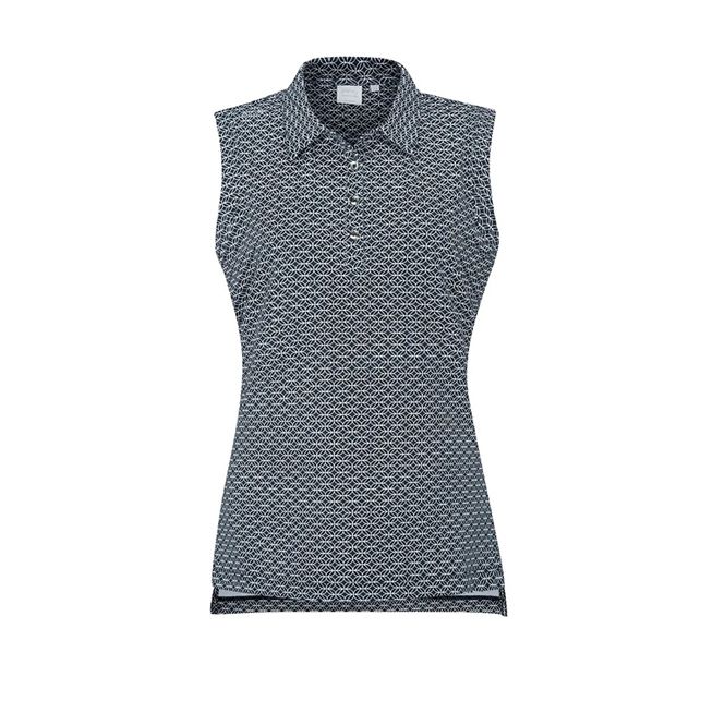 A black and white sleeveless polo shirt with a pattern on it.