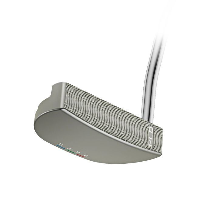 A close up of a putter on a white background.
