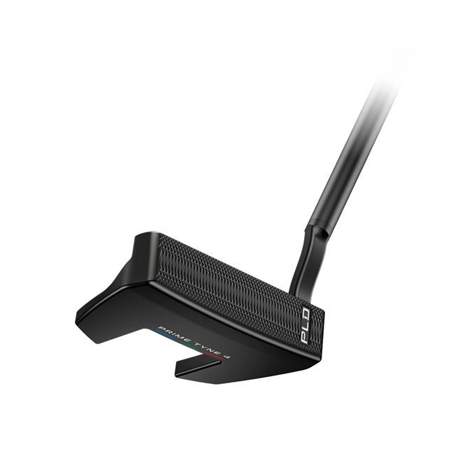 A close up of a putter on a white background.