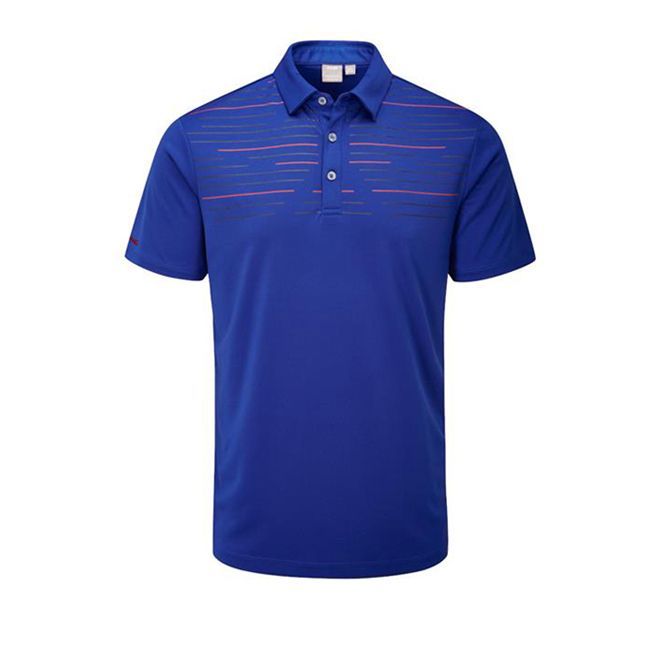 A blue polo shirt with red stripes on the front is on a white background.