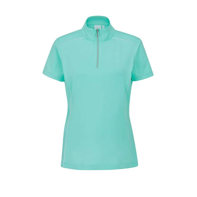 It is a light blue shirt with a zipper on the front.