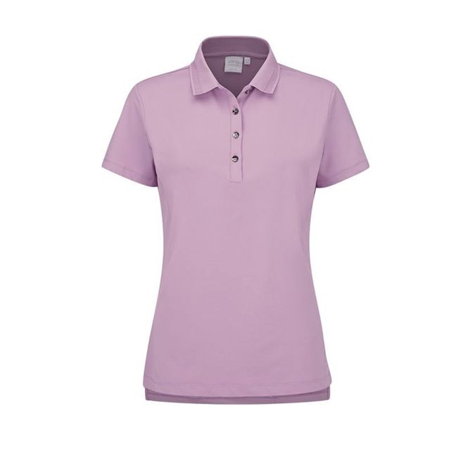 A purple polo shirt with short sleeves and buttons on a white background.