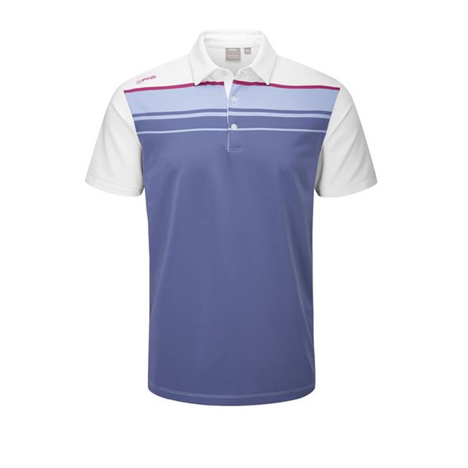 A blue and white polo shirt with red stripes on the sleeves