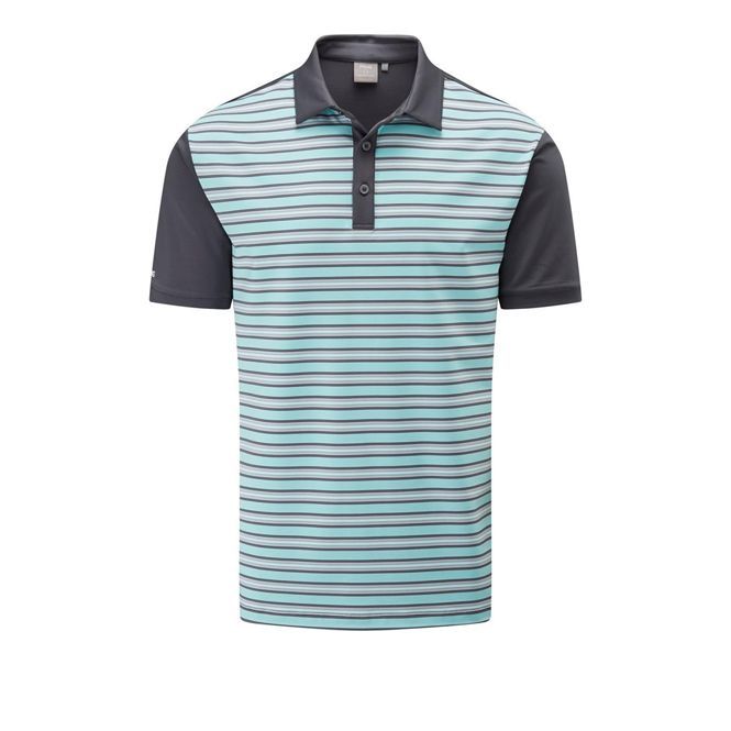 A blue and gray striped polo shirt with short sleeves on a white background.