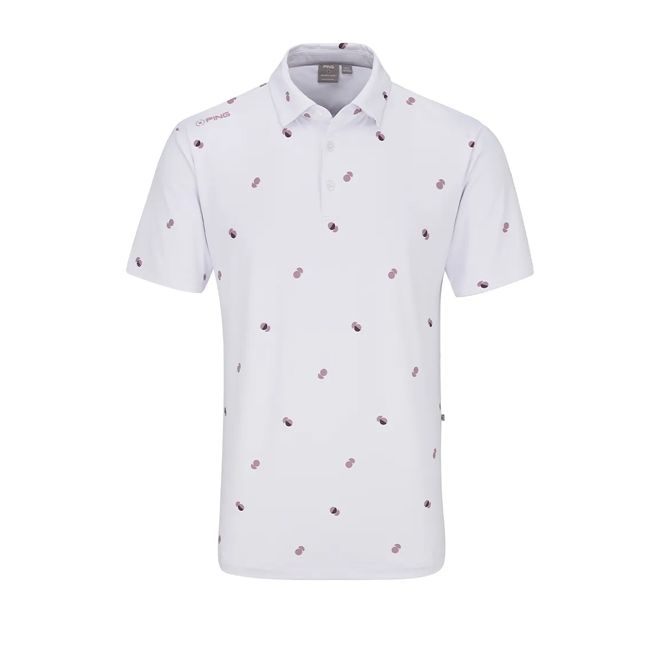 A white polo shirt with a pattern of bees on it
