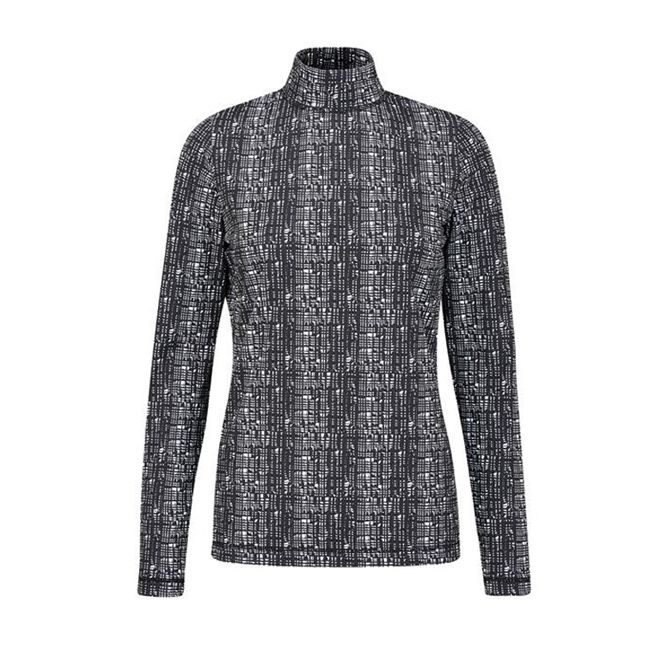 A black and white turtleneck sweater with long sleeves on a white background.