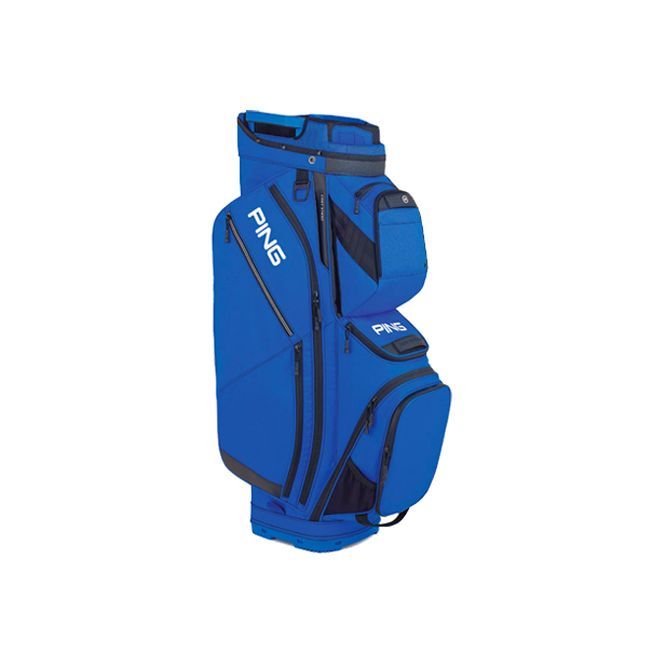 A blue ping golf bag on a white background
