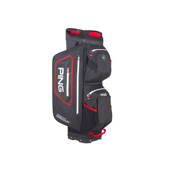 A black and red ping golf bag on a white background.