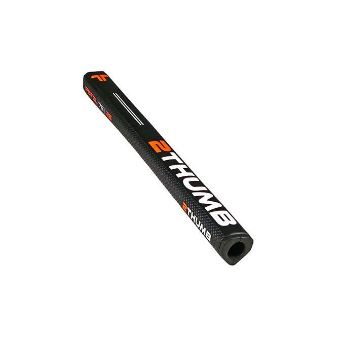 A black and orange golf putter with the word thumb on it