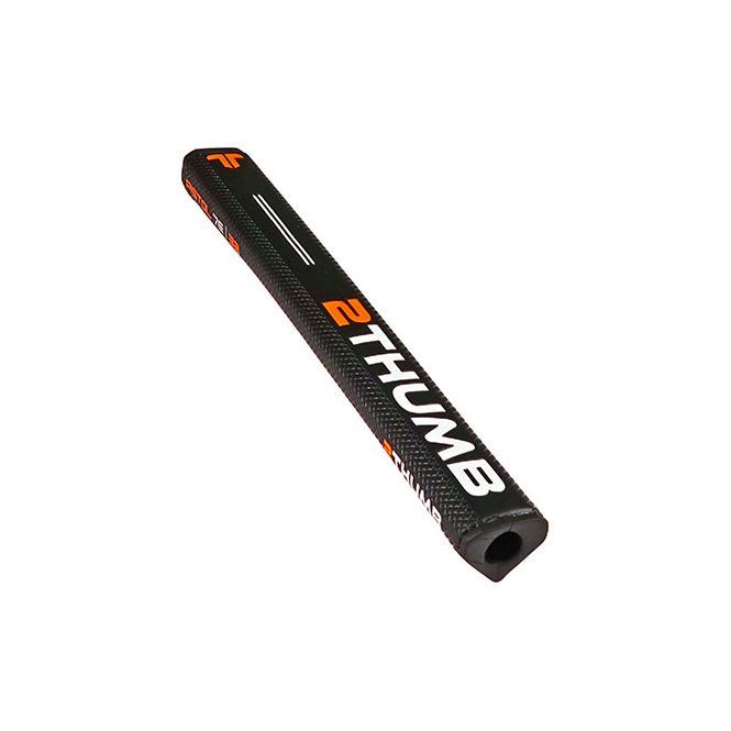 A black and orange golf putter with the word thumb on it.