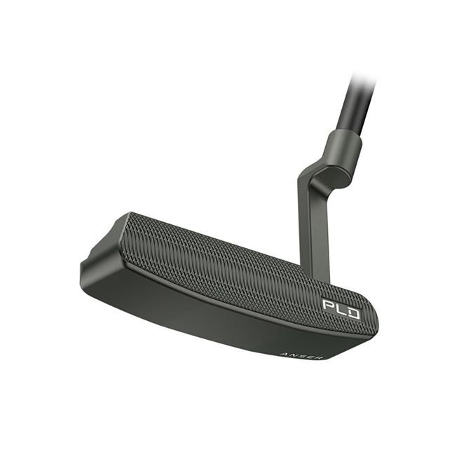 A close up of a putter on a white background.