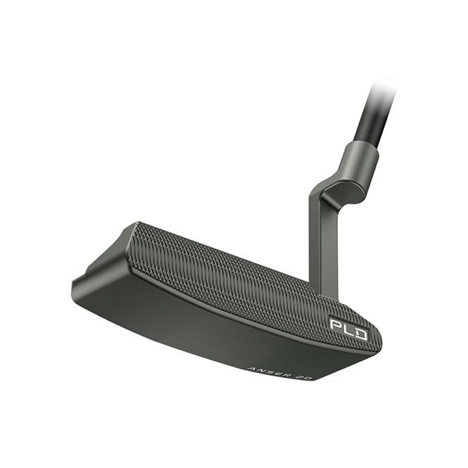 A close up of a putter on a white background.