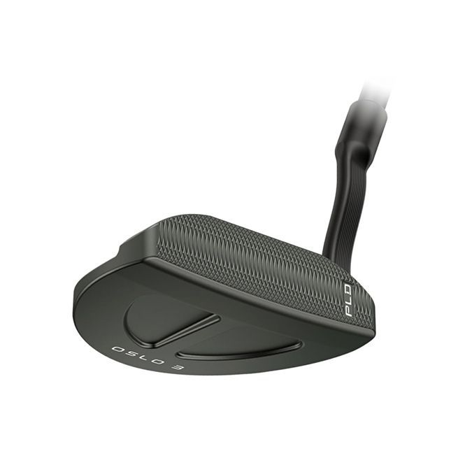 A close up of a black putter on a white background.