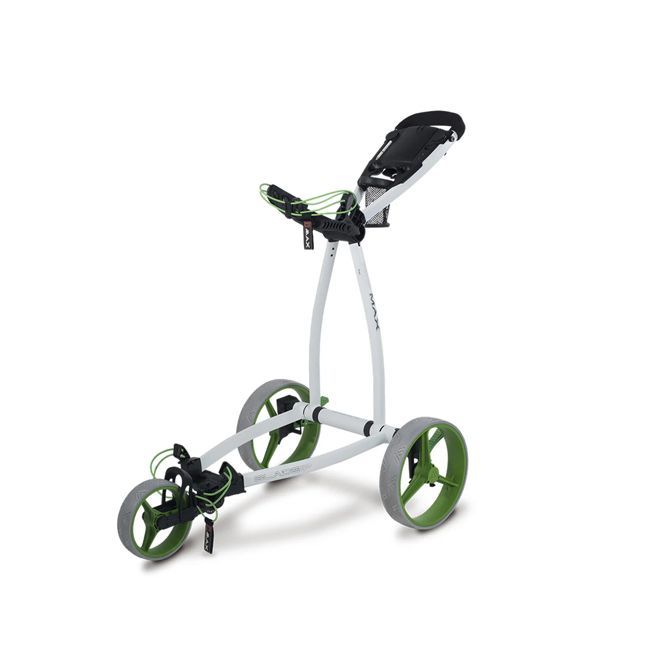 A white golf cart with green wheels on a white background.