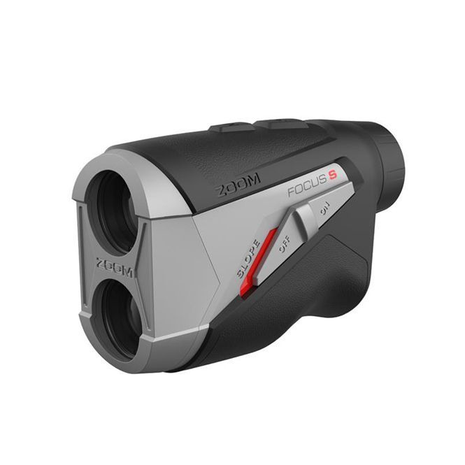 A black and silver rangefinder with a red button on it