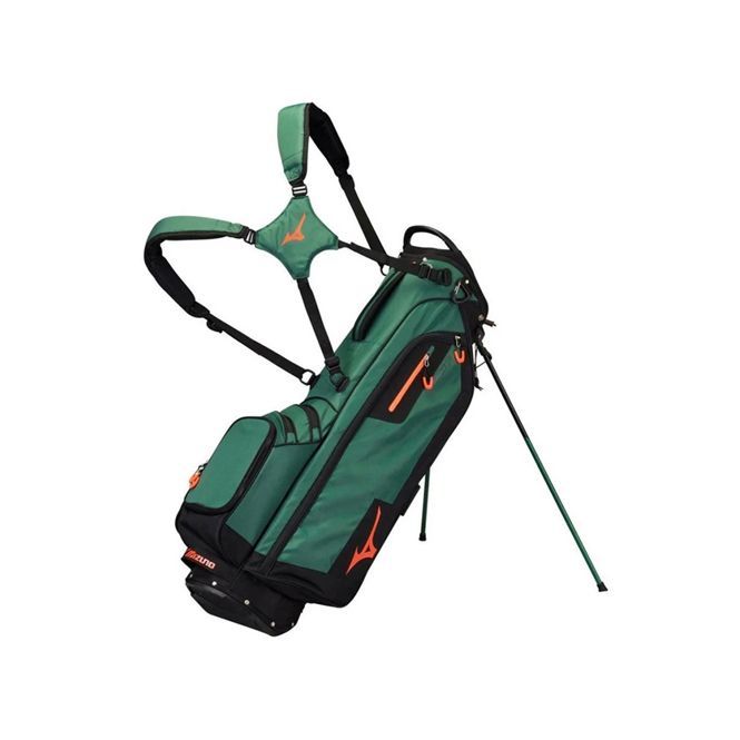 A green golf bag is sitting on a stand on a white background.