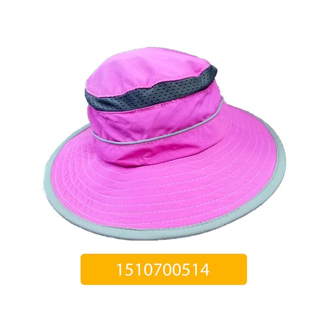 A pink hat with a grey ribbon around the brim