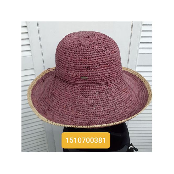 A person is wearing a purple straw hat with a gold trim.