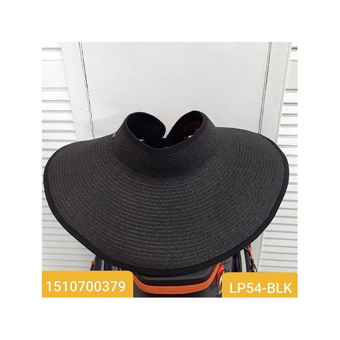 A black straw hat is sitting on top of a black bag.