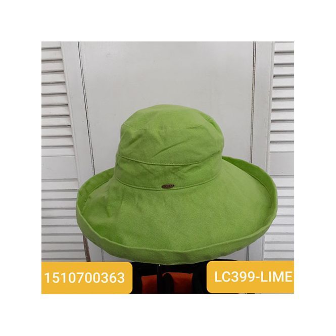 A green hat with a yellow label that says lc399-lime