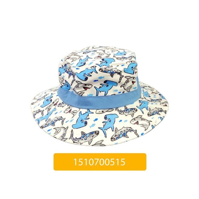 A white hat with blue dolphins on it
