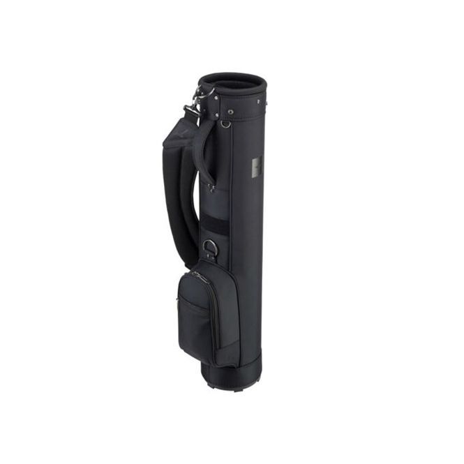 A black golf bag with a handle on a white background.
