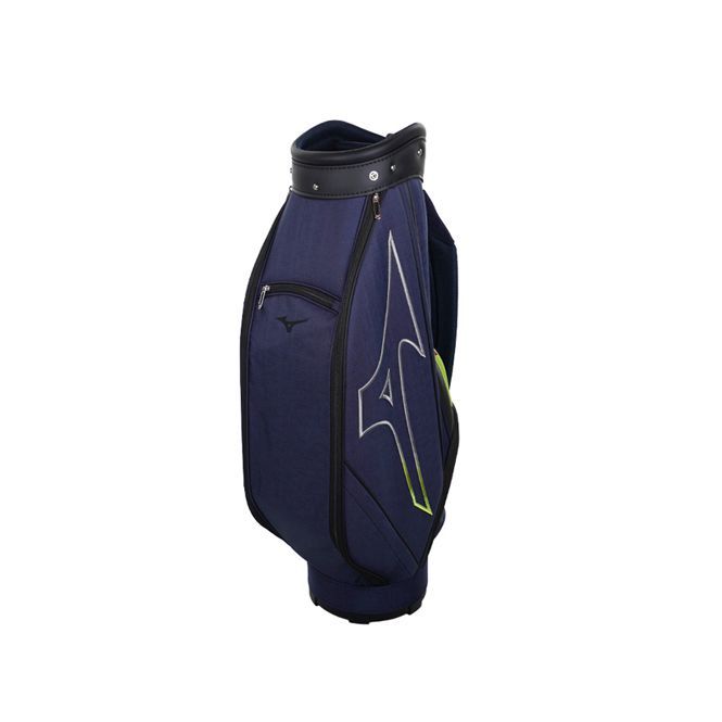 A blue golf bag with a yellow logo on it