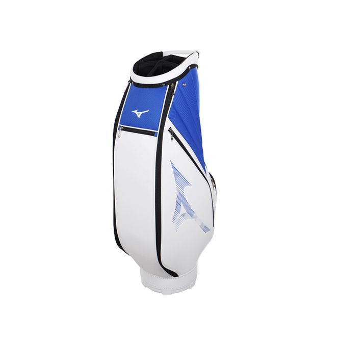 A white and blue golf bag on a white background.