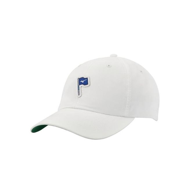 A white baseball cap with a blue flag on it