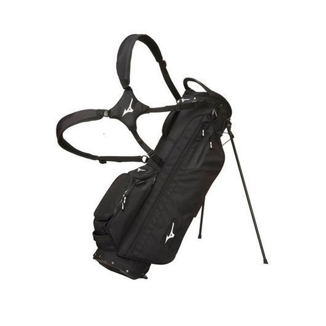 A black golf bag on a stand on a white background