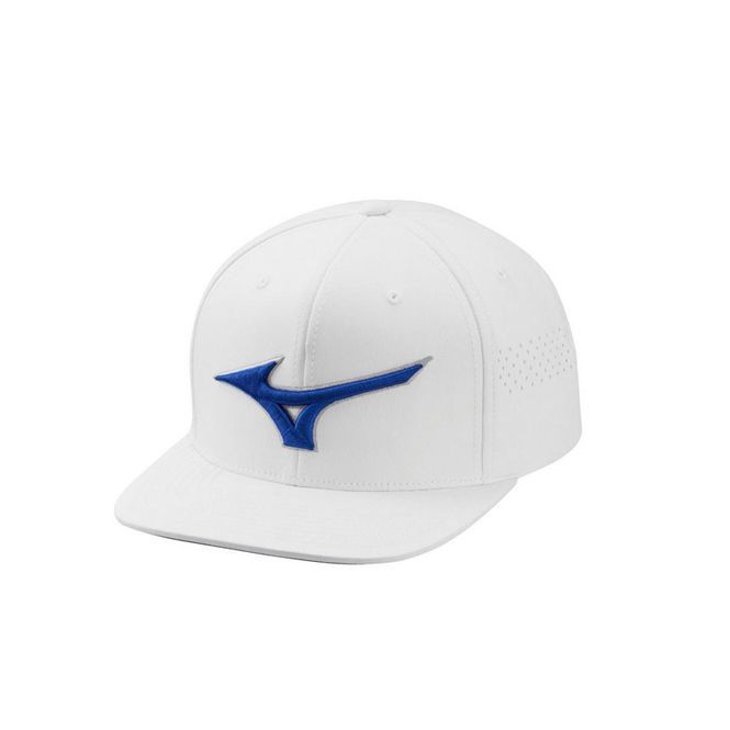 A white baseball cap with a blue logo on it