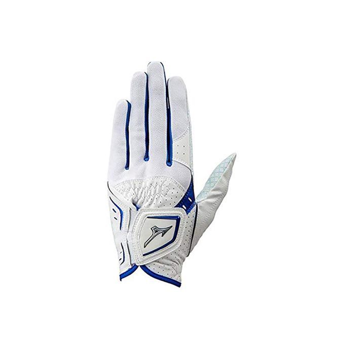 A pair of white and blue golf gloves on a white background.