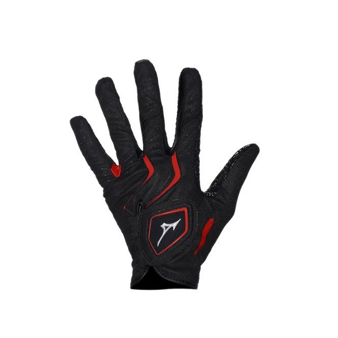 A black and red glove with the letter a on it
