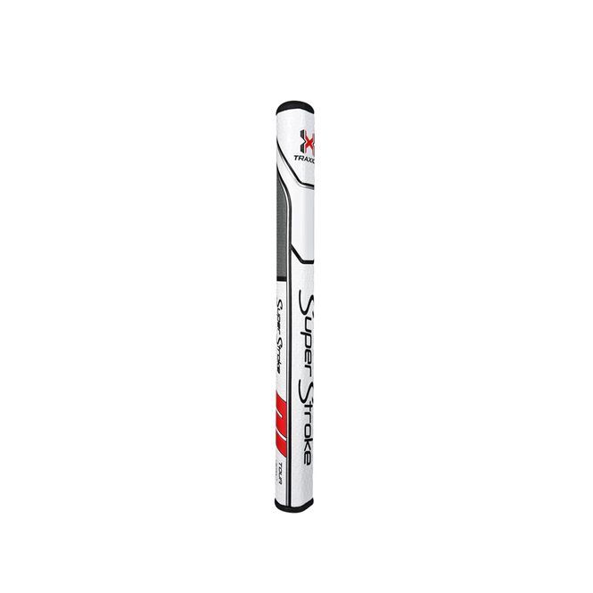 A white and black golf grip on a white background.