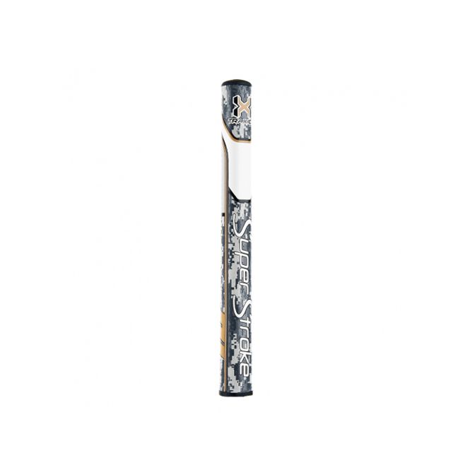 A close up of a golf club on a white background.